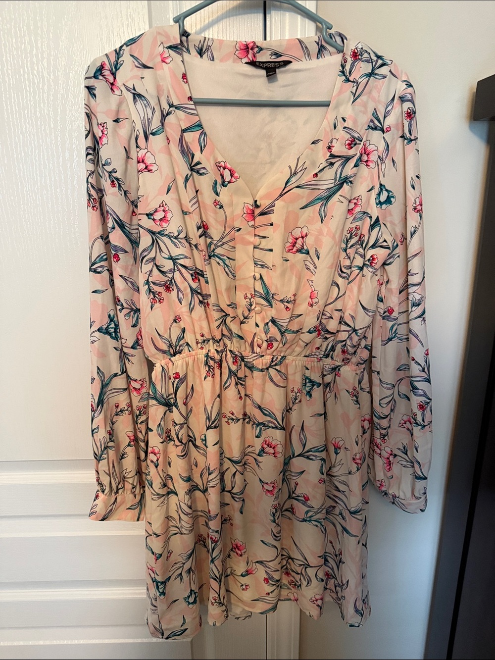Express Mini Dress with pink floral pint and cinched waist
